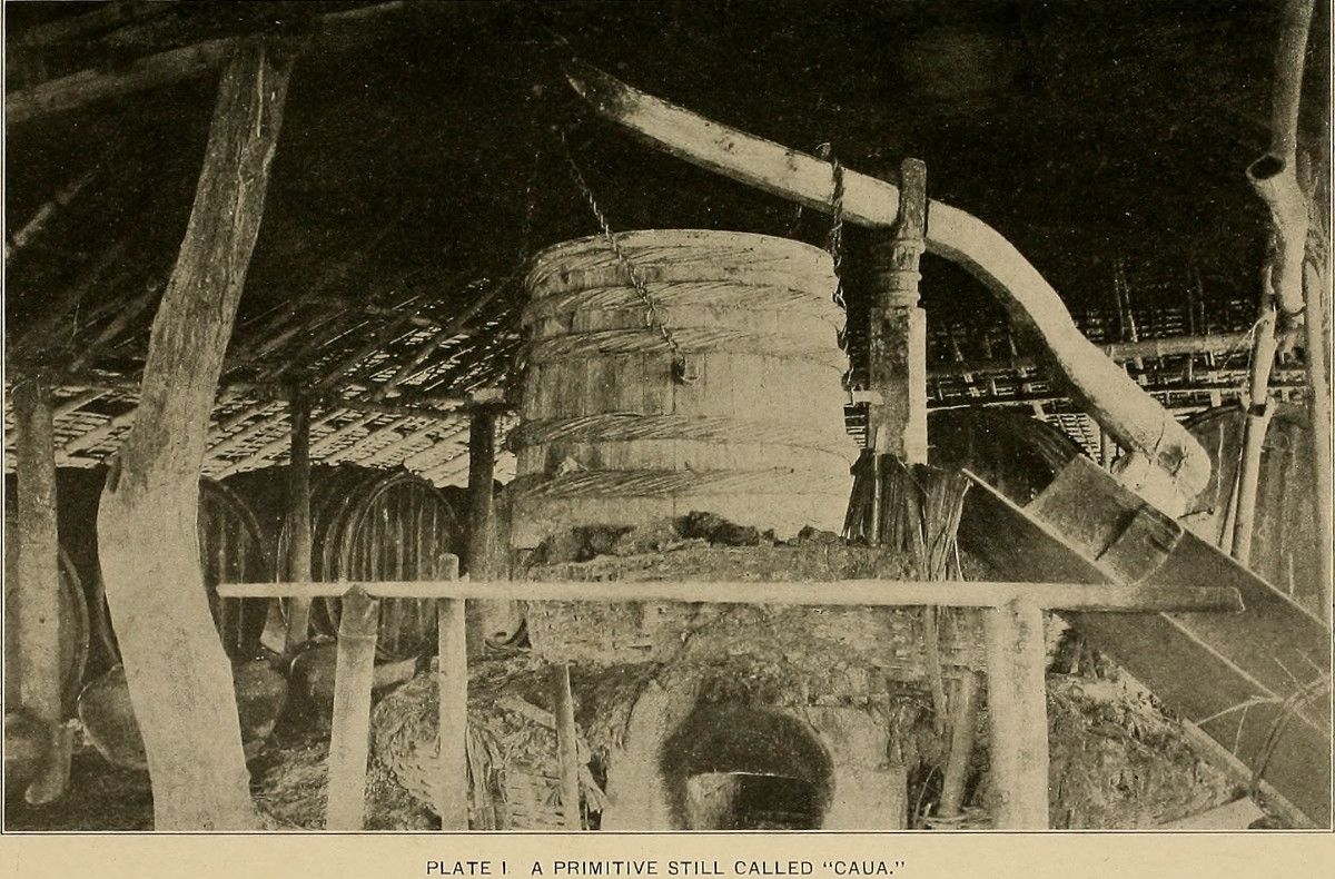 Elaborate still called caua for distilling coconut wine in the Philippines around 1900
